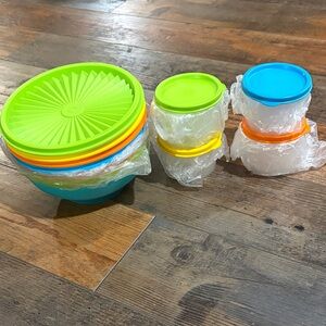 Tupperware Set with Green, Blue, Orange, and Yellow Lids
